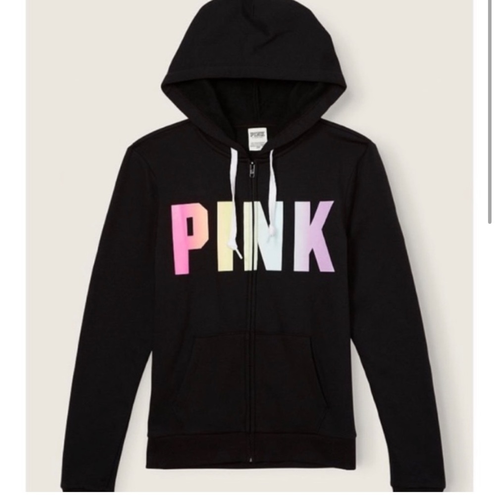 VS PINK Lounge Full Zip Hoodie Black/Rainbow Logo and 2 leggings Bundle